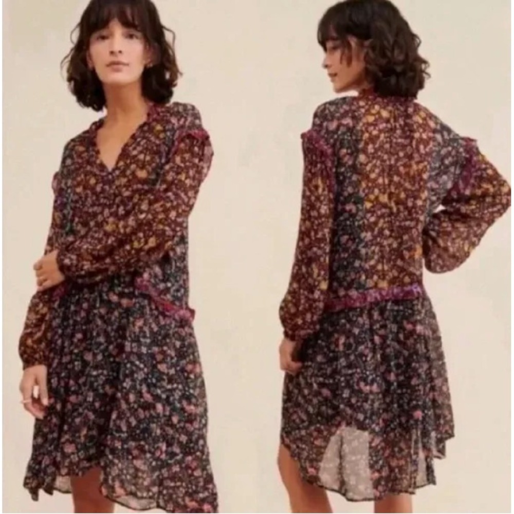 Anthropologie Helene Tunic‎ Dress Size Small Black Floral Ruffled Boho NWT